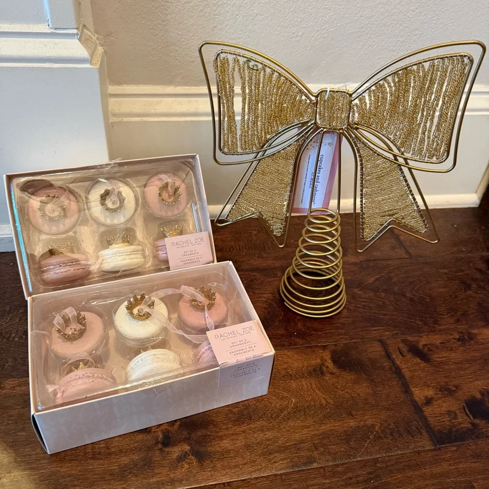 Rachel Zoe Macaroon Princess Crown Ornaments Set of 2 and Bow Tree Topper